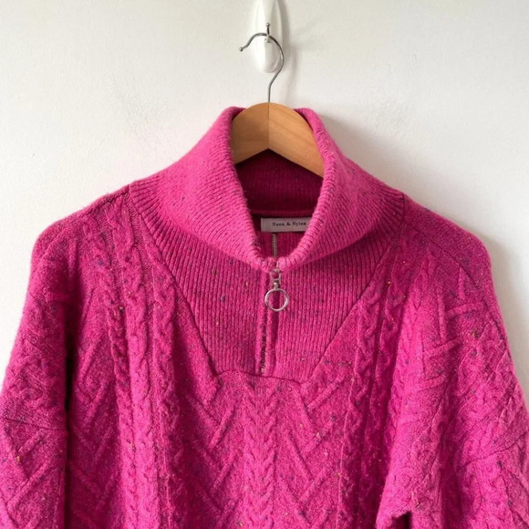 Neon &  Nylon Pullover 1/4 Zip Cable Knit Sweater Confetti Pink Size Small - Picture 2 of 5